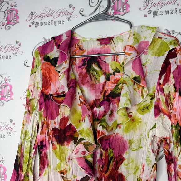 Sunny Leigh blouse ruffle frill hem bell bottom sleeve cuffs floral pleated luxe - Picture 2 of 14